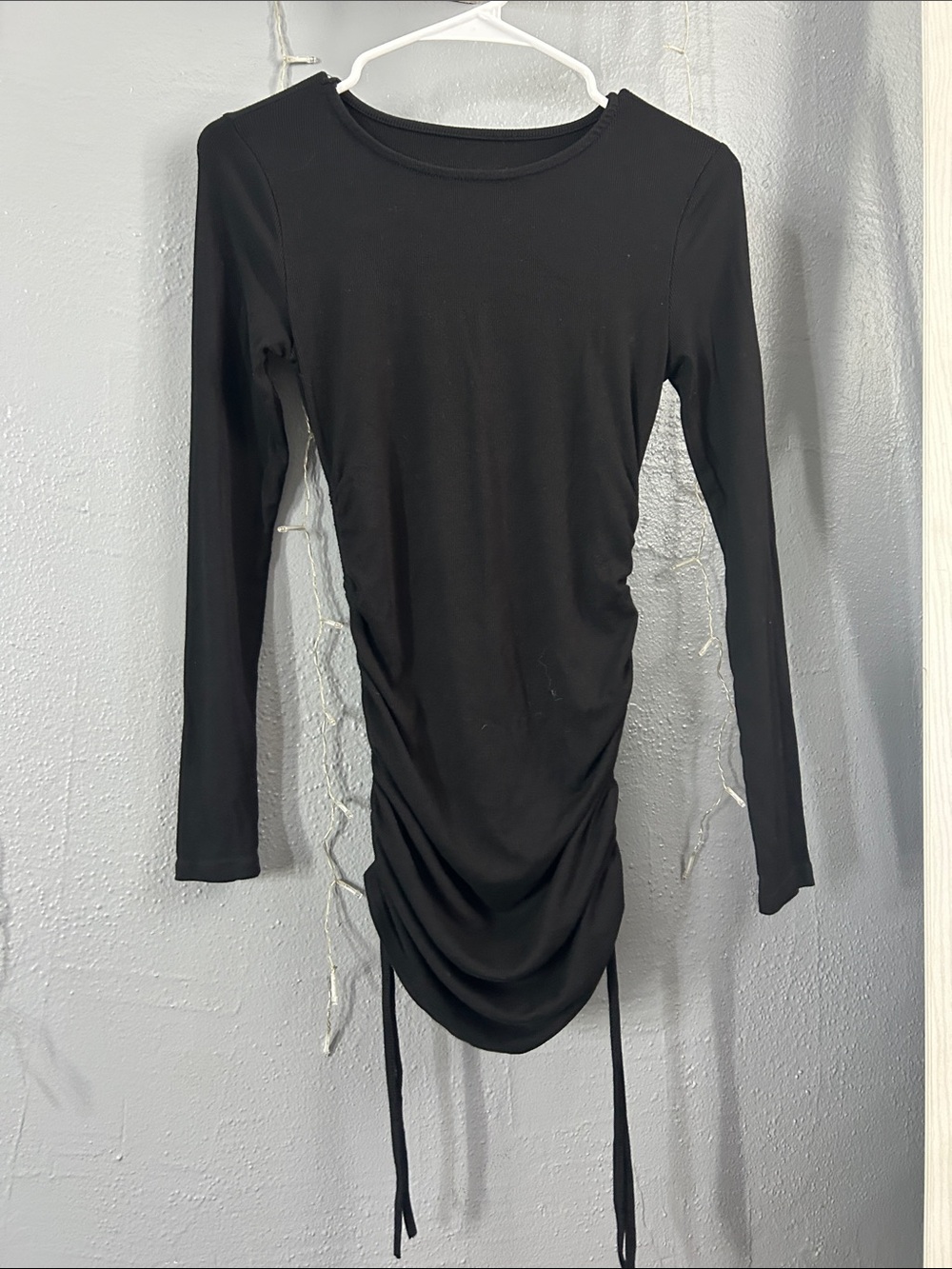 Black Long-Sleeve Ruched Side-Tie dress